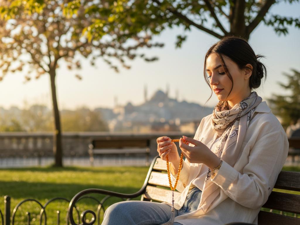 Young Turkish woman meditatively holding and moving tesbih beads in a leafy urban park bathed in warm morning light.