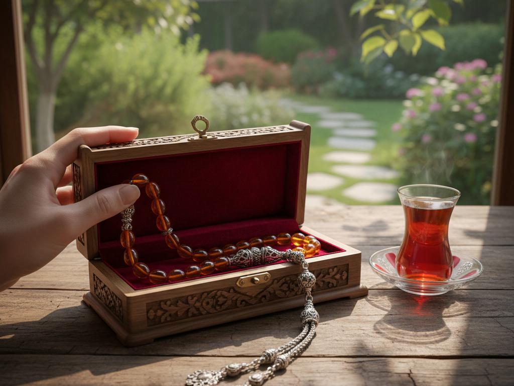 Close-up of a hand offering a handcrafted tesbih in a velvet-lined wooden box on a rustic table beside a Turkish tea glass, bathed in soft natural light.