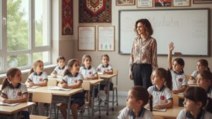 A young Turkish teacher smiling in a bright classroom surrounded by attentive students, representing gratitude and respect on 24 Kasım Öğretmenler Günü.