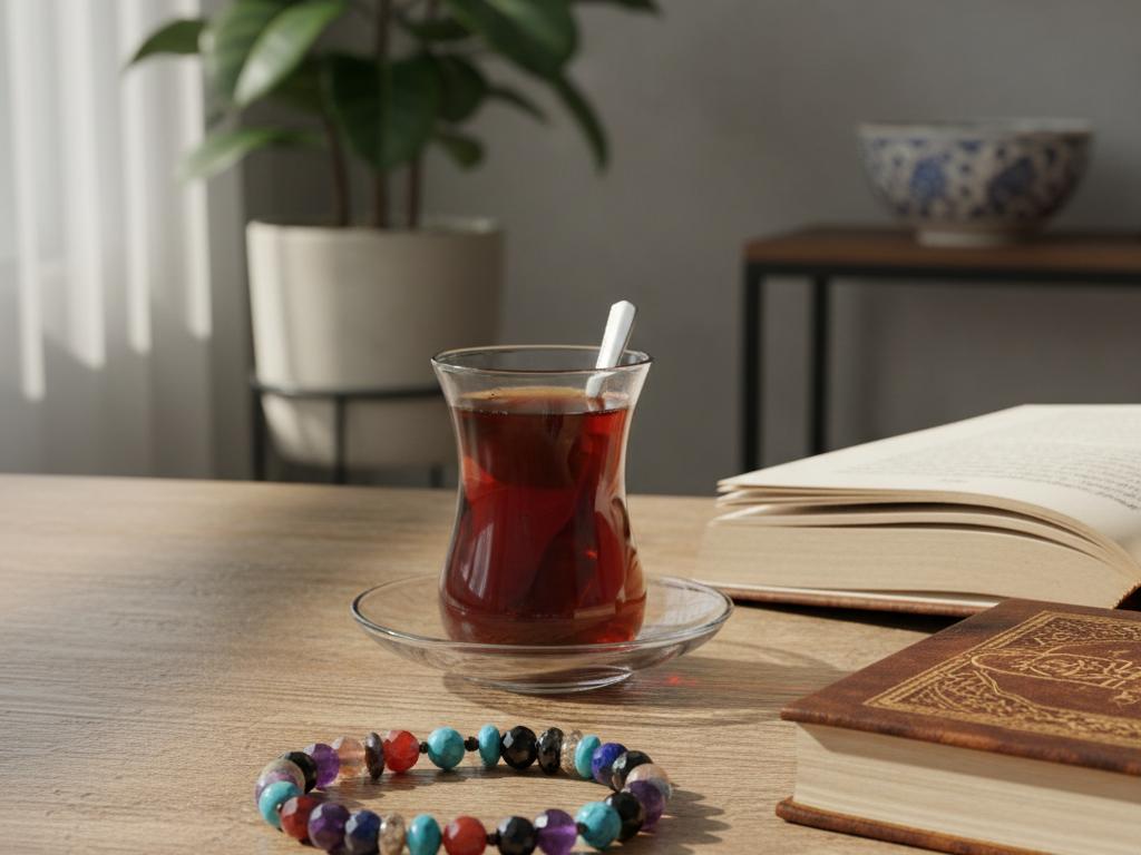 Doğal taş bileklik ahşap bir masada, yanında Türk çayı ve açık kitap ile doğal ışıkta dokuları ve renkleri belirgin şekilde sergileniyor, modern Türk evinde sıcak ve samimi atmosfer.
