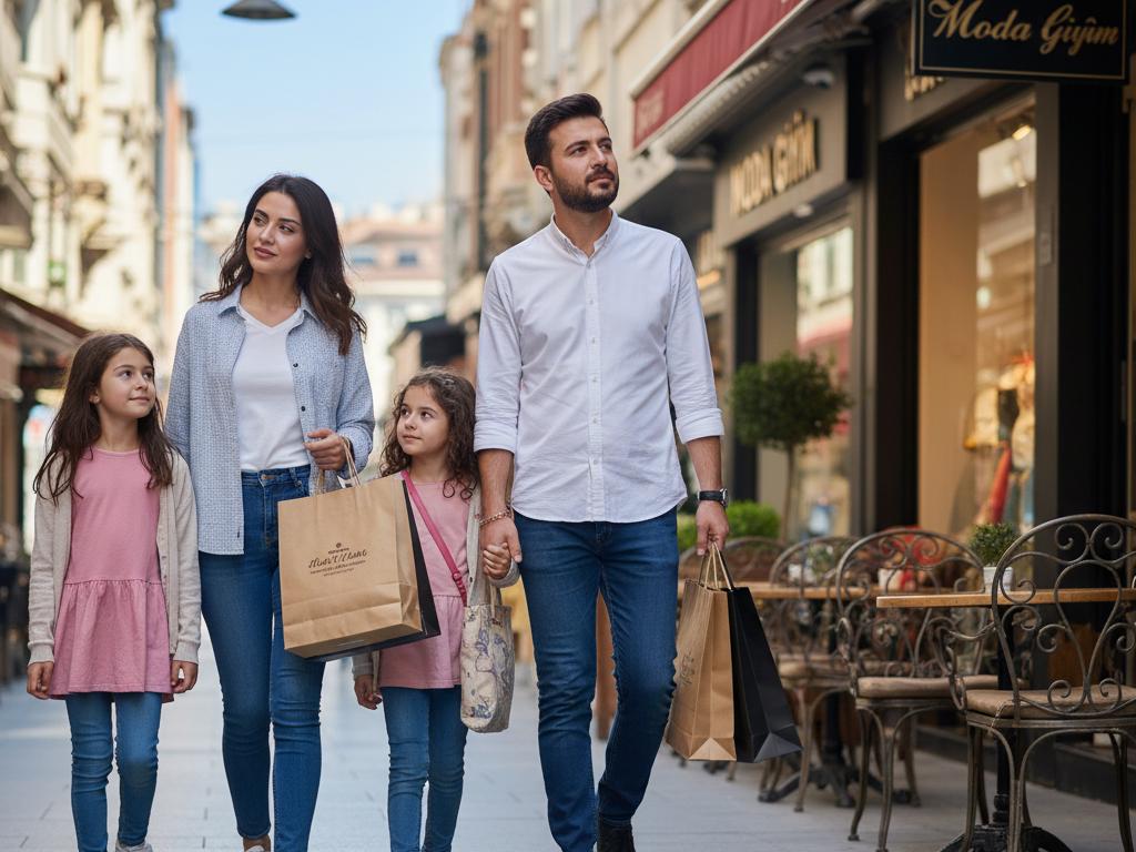 Young Turkish family carrying a few shopping bags thoughtfully in a lively Istanbul street with natural daylight.