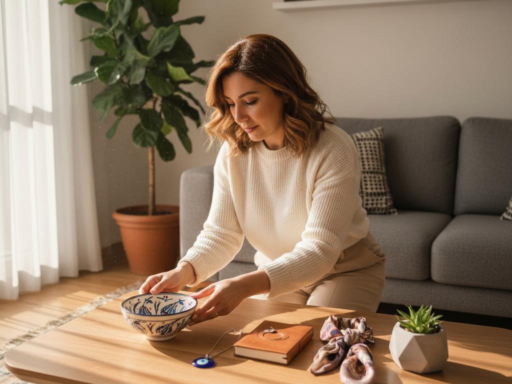 Middle-aged Turkish woman organizing thoughtful gifts in a warmly lit, modern Turkish home interior.