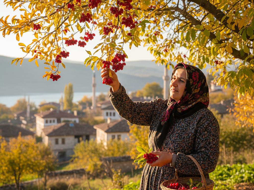 A Turkish woman picking bright red kızılcık fruits from a tree in a sunlit garden with autumn colors and traditional village scenery.