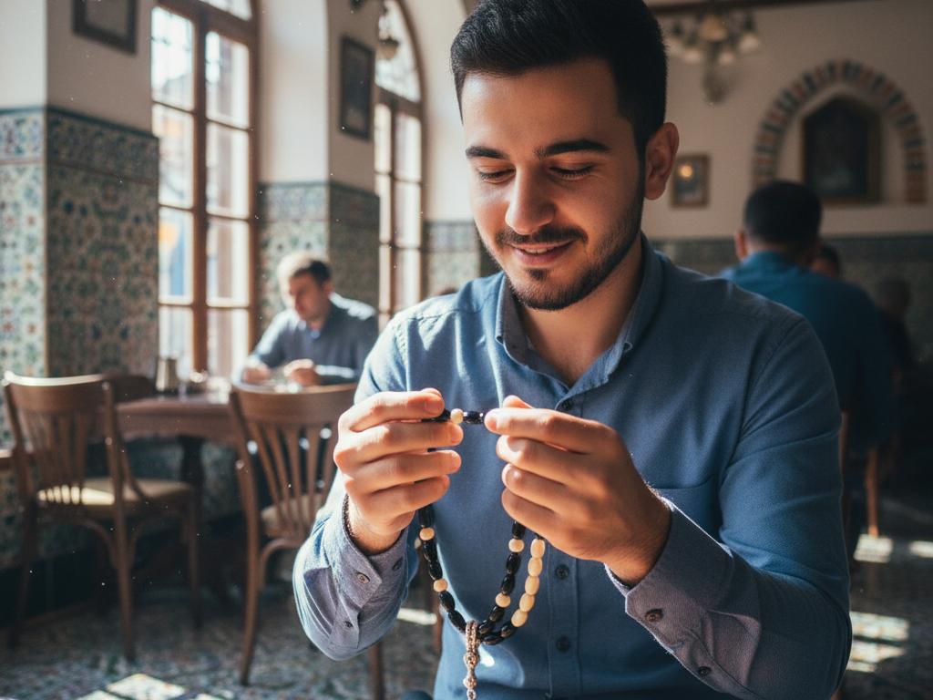 Young Turkish man in a traditional coffeehouse holding a beautifully crafted oltu stone and ivory bead tespih, bathed in natural daylight.