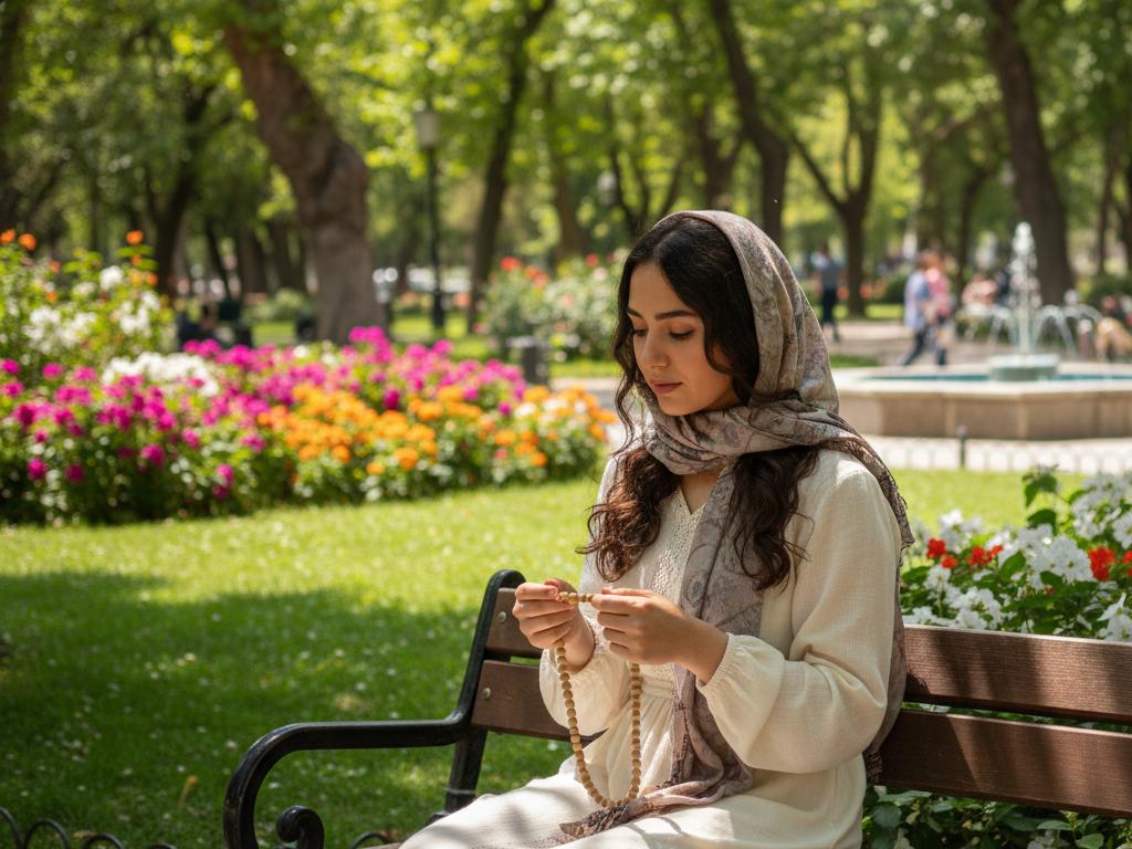 Young woman in a sunny Turkish park using natural sandalwood tespih beads in quiet meditation, surrounded by vibrant greenery.