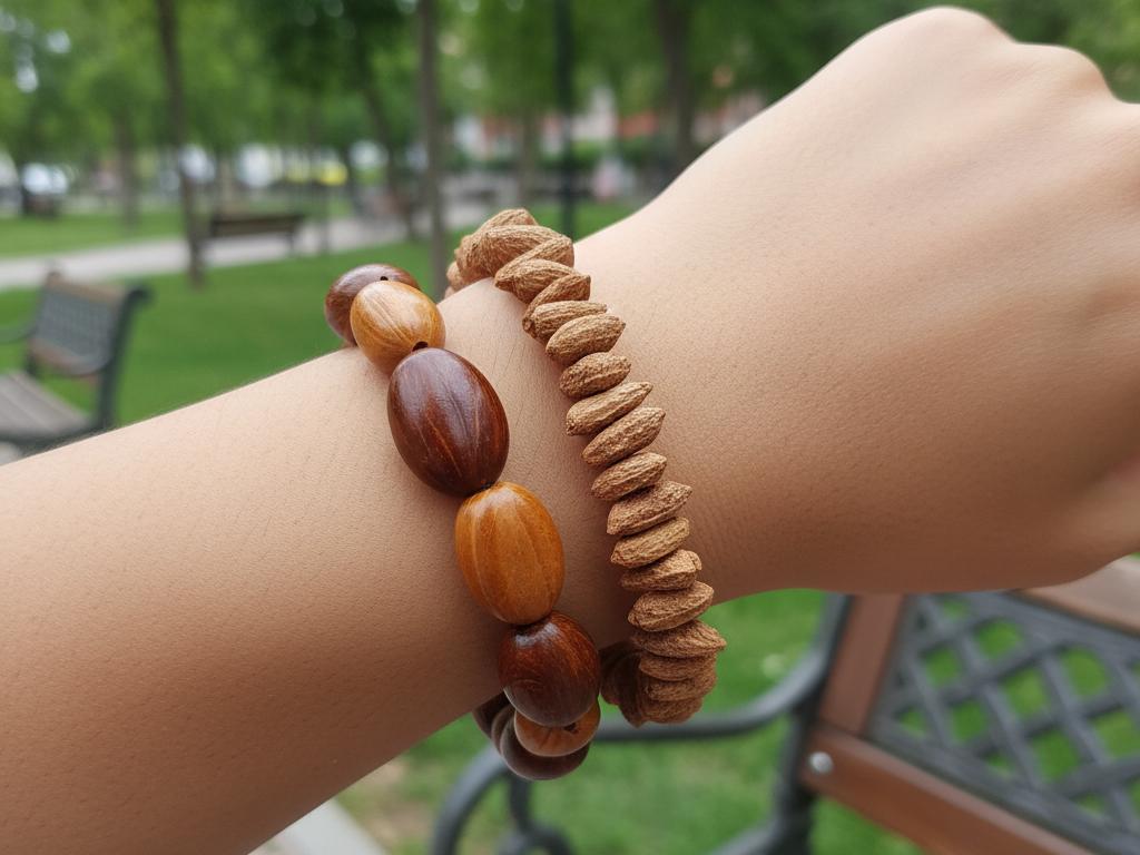 Close-up photo of a young Turkish woman’s wrist wearing warm-toned natural olive and iğde seed bracelets in a sunlit urban park with green trees and benches blurred in background