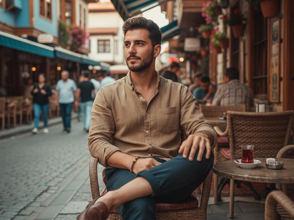 Stylish young Turkish man casually seated at a traditional outdoor café, wearing a natural olive and iğde seed bracelet under warm sunlight with authentic Turkish street scene behind