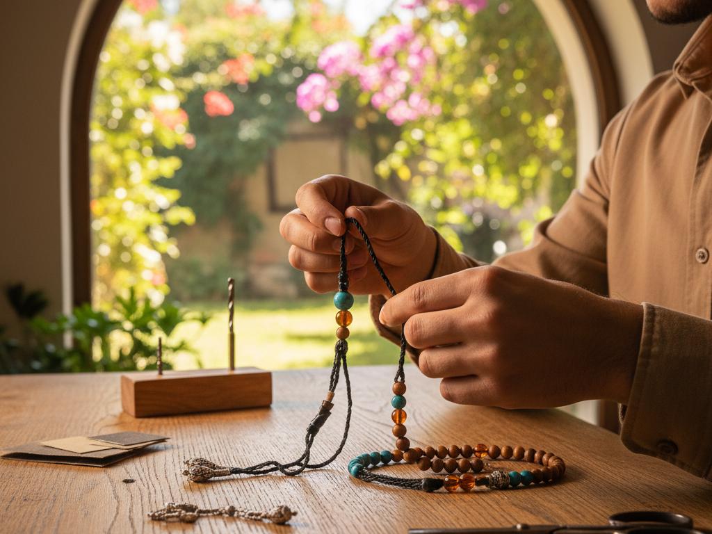 Close-up of hands stringing polished natural wood and resin tesbih beads on thread at a sunny home workshop with traditional Turkish garden visible in the background.