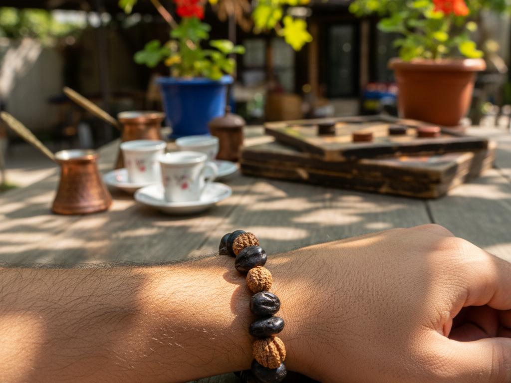 Young Turkish man in an outdoor coffeehouse wearing a natural olive seed and acacia seed men's bracelet with warm sunlight and traditional Turkish surroundings