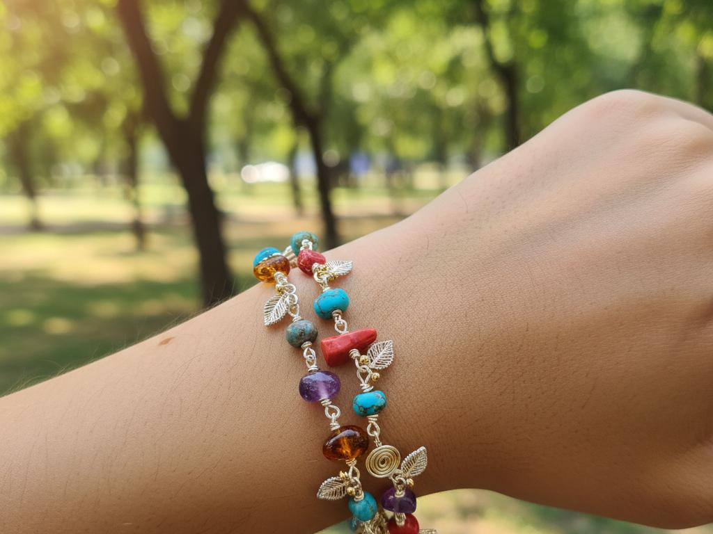 Close-up of a young Turkish woman's wrist wearing a sparkling, delicate natural stone bracelet in a sunlit green park setting