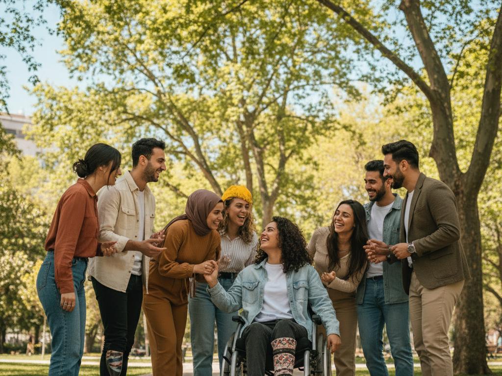 Young Turkish adults, including a woman in a wheelchair and a man with a prosthetic leg, hold hands and smile together in a sunny urban park, expressing togetherness and support on World Disability Day.