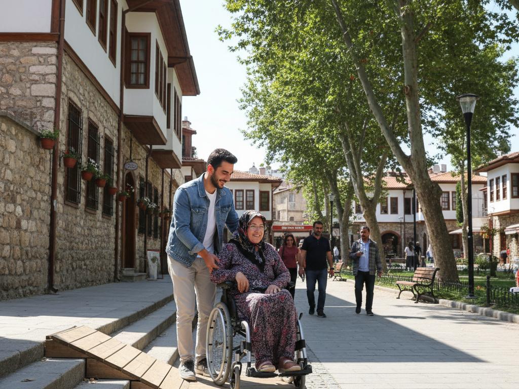 A young man helps a disabled woman ascend accessible stairs on a traditional Turkish street with ramps, highlighting solidarity and inclusion in a realistic outdoor environment.