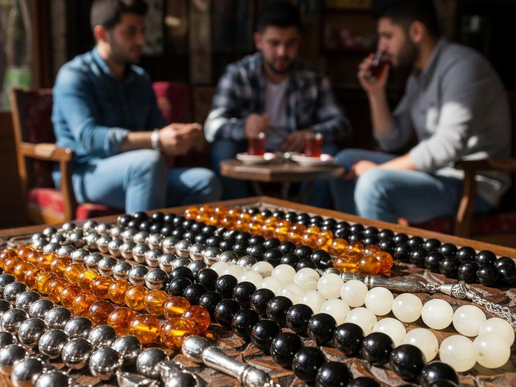 Sanatsal şekilde dizilmiş gümüş, kehribar, kuka, oltu ve damla sakızı malzemelerinden yapılmış çeşitli tesbih tanelerinin doğal ışıkla aydınlanmış yakın plan fotoğrafı, arka planda genç Türk erkekler modern kıyafetlerle çay keyfi yapıyor.