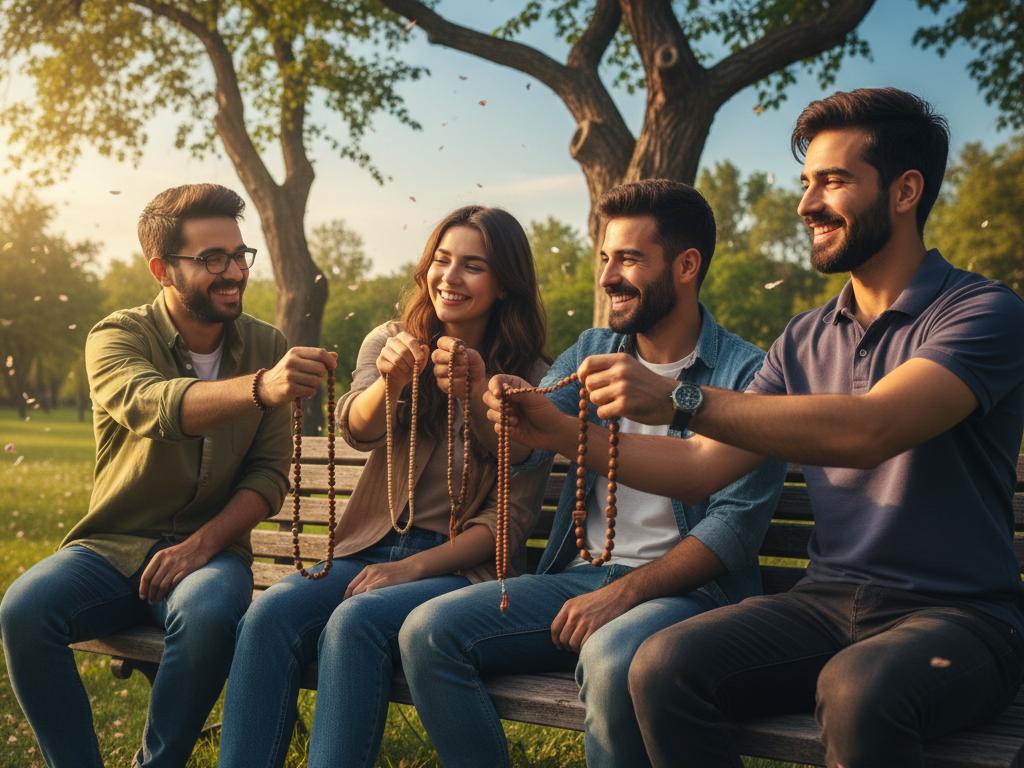 A group of young Turkish friends sharing natural wooden bead tespih gifts in a sunlit green park, expressing joy and deep social connection.