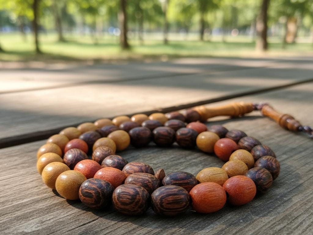 Close-up photo of a Turkish tesbih with beads made from different wood types, highlighting natural wood textures and colors, placed on a wooden surface in a sunny park setting.