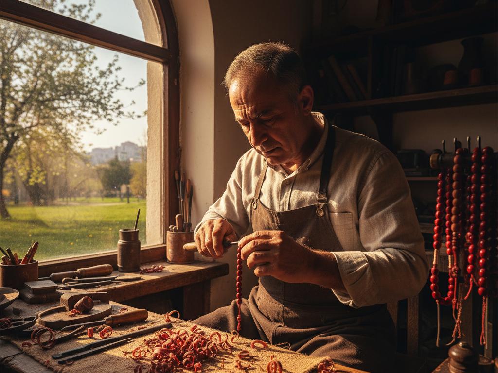 Photorealistic depiction of a middle-aged Turkish craftsman carving pelesenk wood beads in a sunlight-lit workshop with natural textures and a garden view outside.