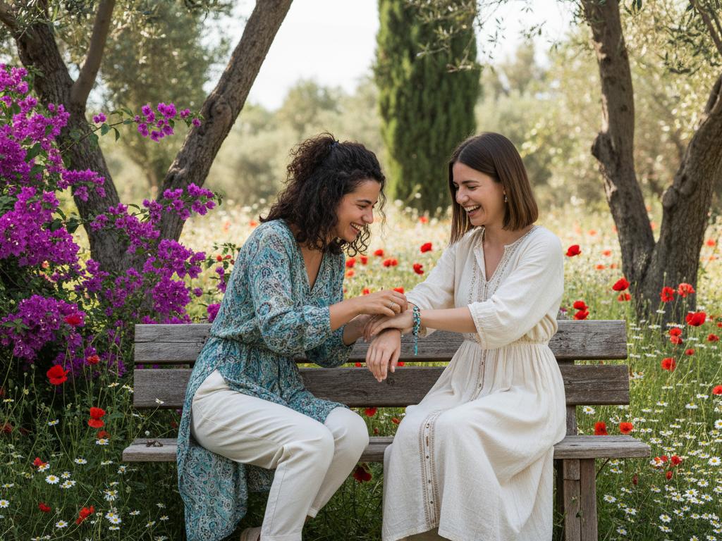 Two young Turkish women in a park sharing a moment as one gives a natural stone bracelet to the other, surrounded by vibrant nature and sunlight