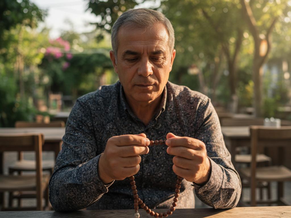 A middle-aged Turkish man in a tea garden softly pulling the beads of a classic misvak tesbih with calm and reverent focus under warm natural light.