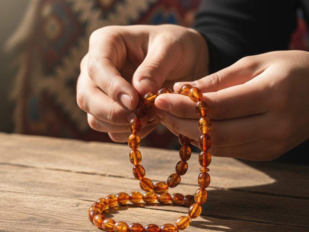 Close-up of gentle hands sliding amber tesbih beads on a rustic wooden table with traditional Turkish fabric in soft natural daylight, showcasing careful and respectful tesbih usage.