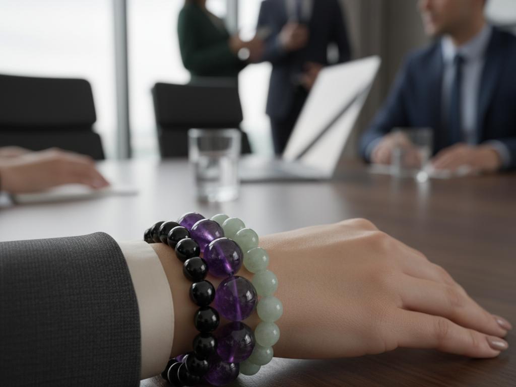 Young Turkish professional woman wearing natural stone bracelets during a business meeting showcasing elegant amethyst and obsidian stones.