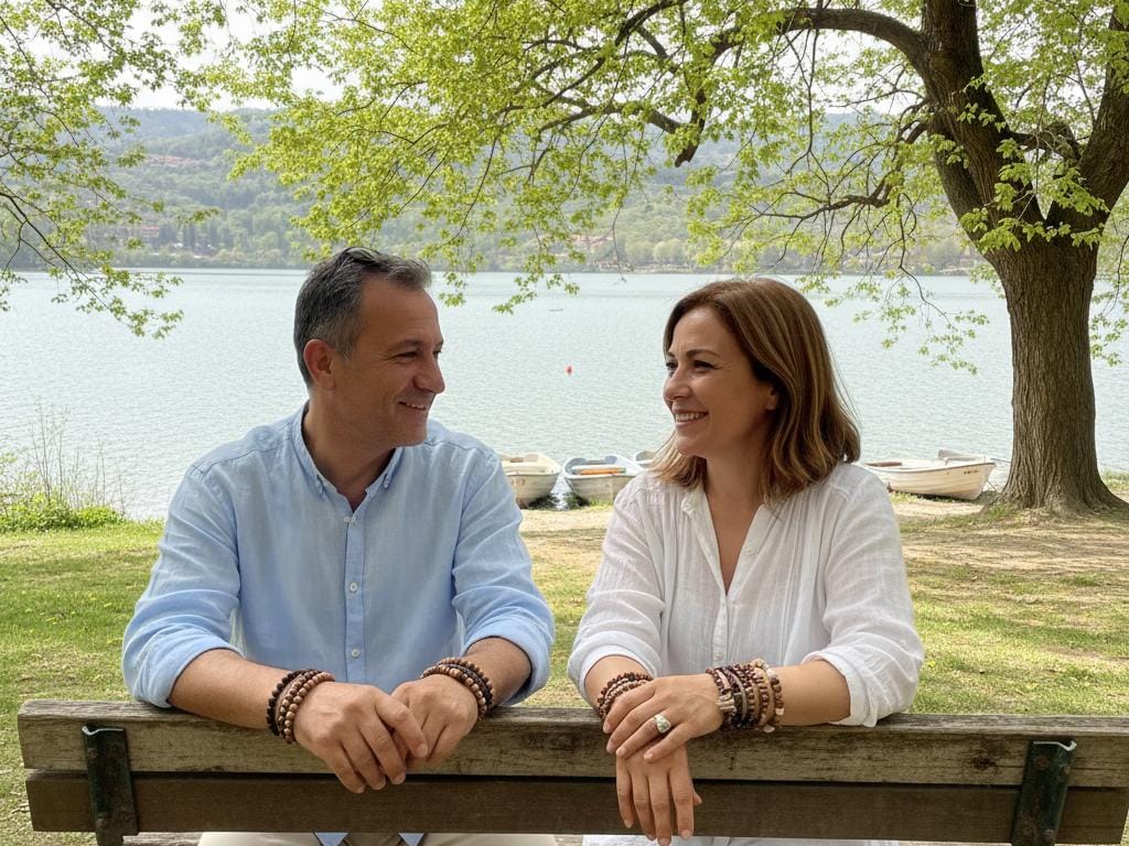 Middle-aged Turkish couple sitting in a park wearing natural wooden and seed bracelets, enjoying a sunny spring day in a calm natural environment.