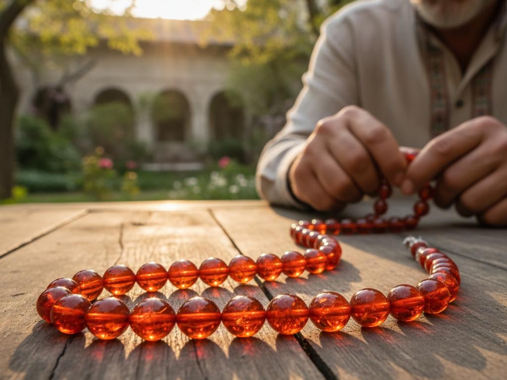 Close-up of fire amber tesbih with star-like sparkles held by a middle-aged Turkish man in a sunlit Turkish garden, showing warm natural light and traditional setting.