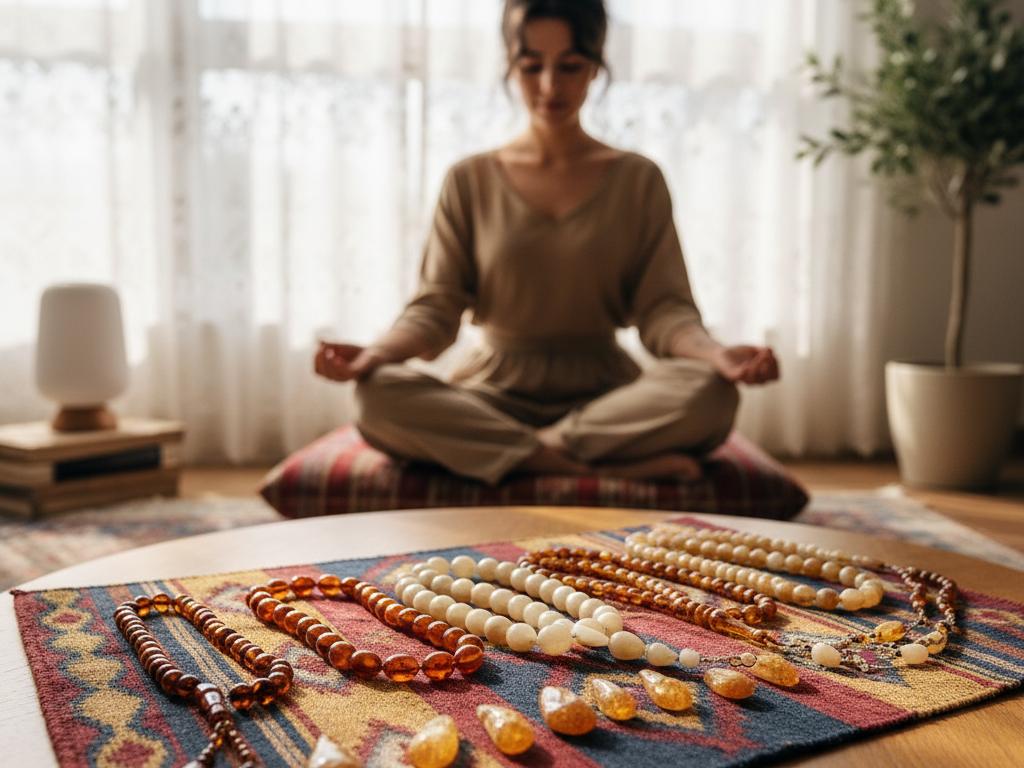Variety of amber tesbihs including pressed, Polish, and Kalingrad styles displayed on Turkish textile indoors with a young woman meditating nearby in bright natural light.