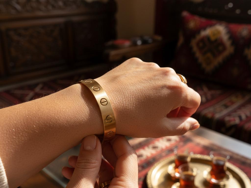 Close-up photo of a middle-aged Turkish woman's wrist wearing a shiny gold bracelet in a warmly lit traditional Turkish home interior.