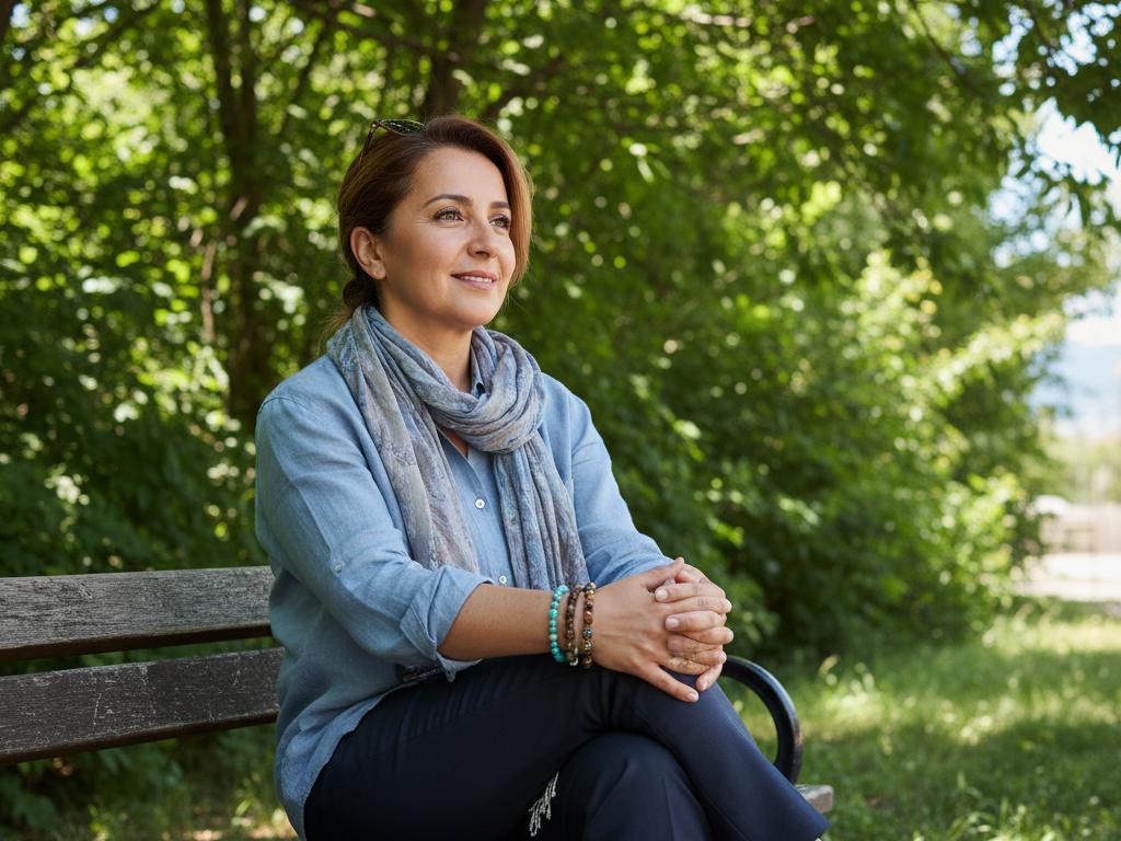 Photo of a middle-aged Turkish person outdoors in a green park wearing elegant natural stone and seed bead bracelets, basking in soft sunlight.