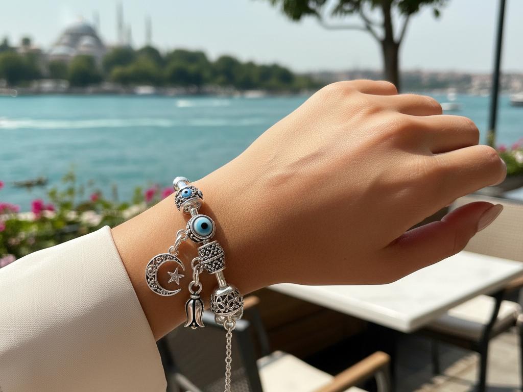 Young Turkish woman wearing a Pandora charm bracelet, elegantly seated in a sunlit Istanbul café terrace with a scenic Bosphorus backdrop, capturing the bracelet's detailed design and personalized charms.