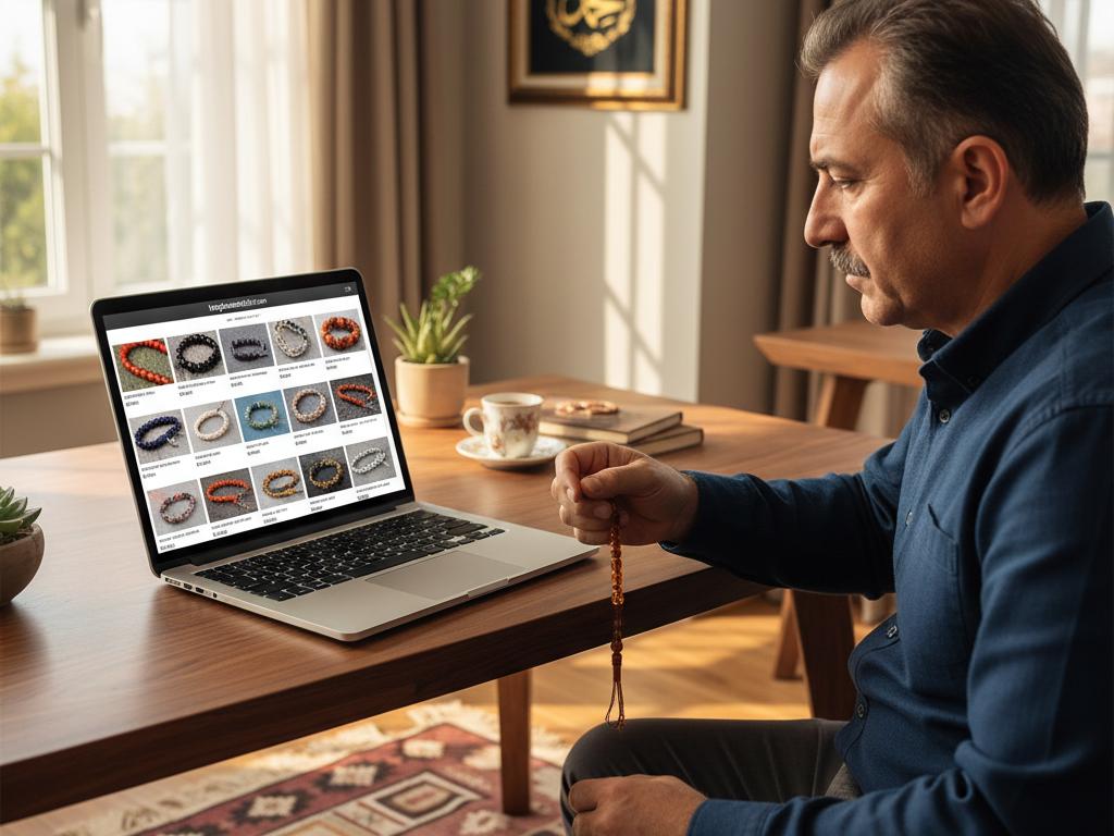 Middle-aged Turkish person carefully browsing tespihsanatcisi.com on a laptop at home, examining colorful tespih products under natural light.