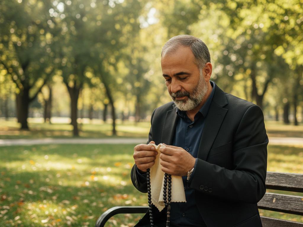 Middle-aged Turkish man in a bright park cleaning his ebony wood prayer beads carefully, surrounded by green trees and natural sunlight.