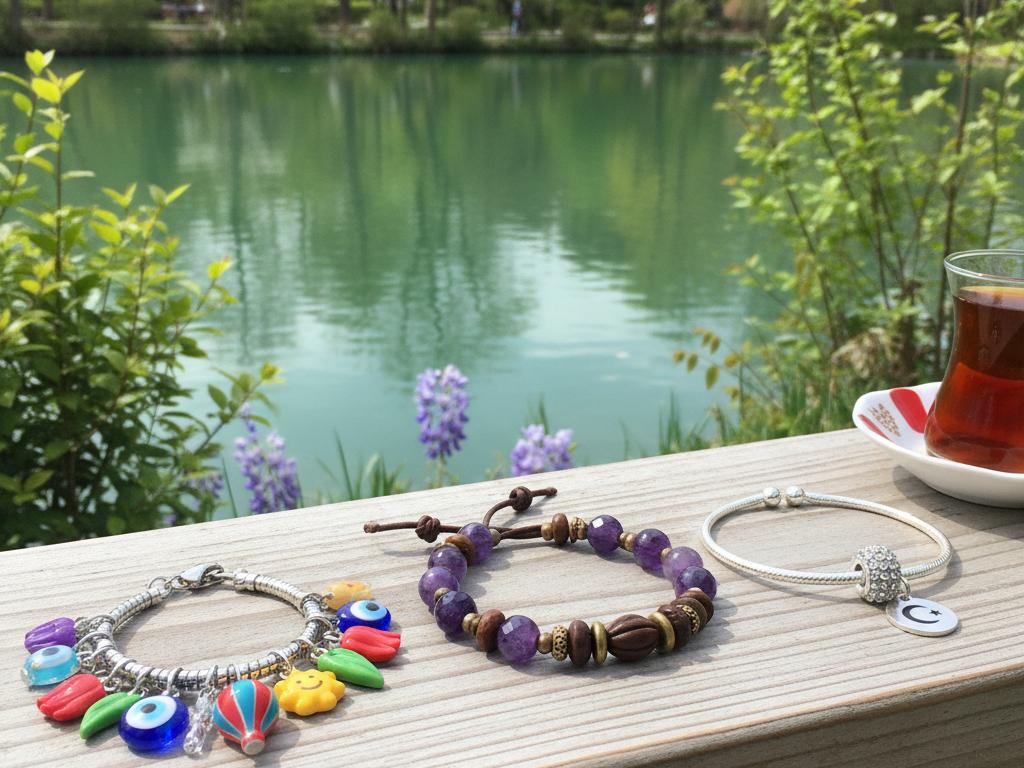 A natural wooden table near a springtime Turkish park lake with three bracelets displayed: a playful charm bracelet, a natural stone and seed bracelet, and a modern metal Pandora-style bracelet, all illuminated by soft natural light and surrounded by greenery.