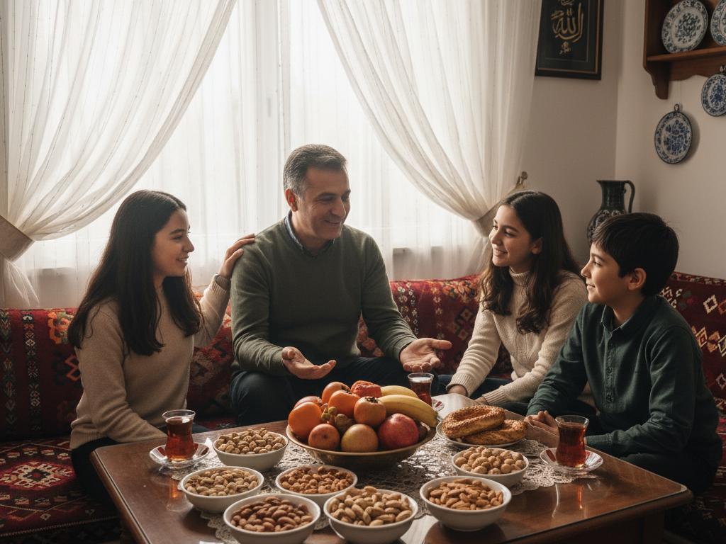 A middle-aged Turkish family sharing a warm new year gathering around a traditional table in a sunlit living room, smiling and conversing.