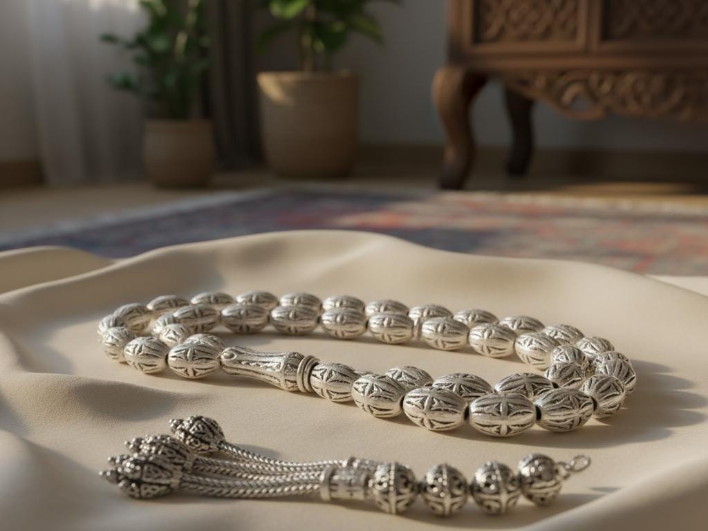 A detailed close-up photo of a shining silver tesbih resting on soft fabric with natural light highlighting its smooth and carefully crafted beads