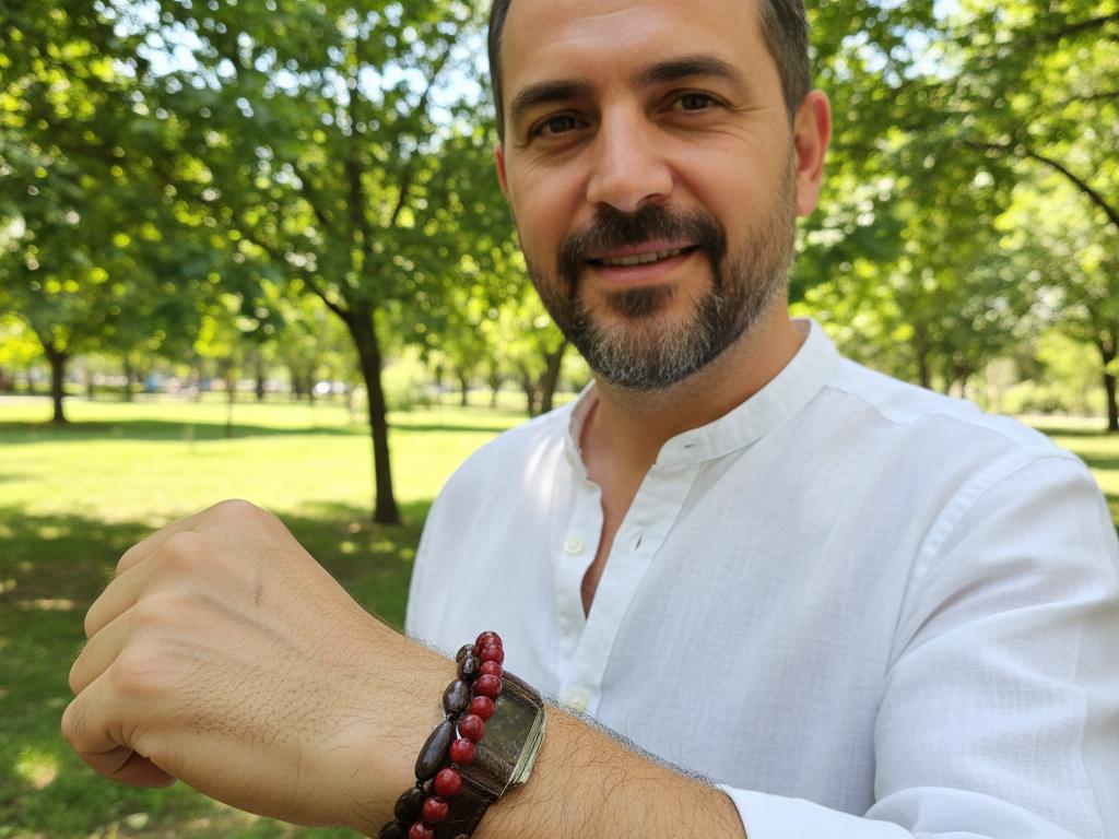 Close-up of a young Turkish man wearing a natural seed bracelet outdoors in a green park with warm sunlight highlighting the bracelet's texture.
