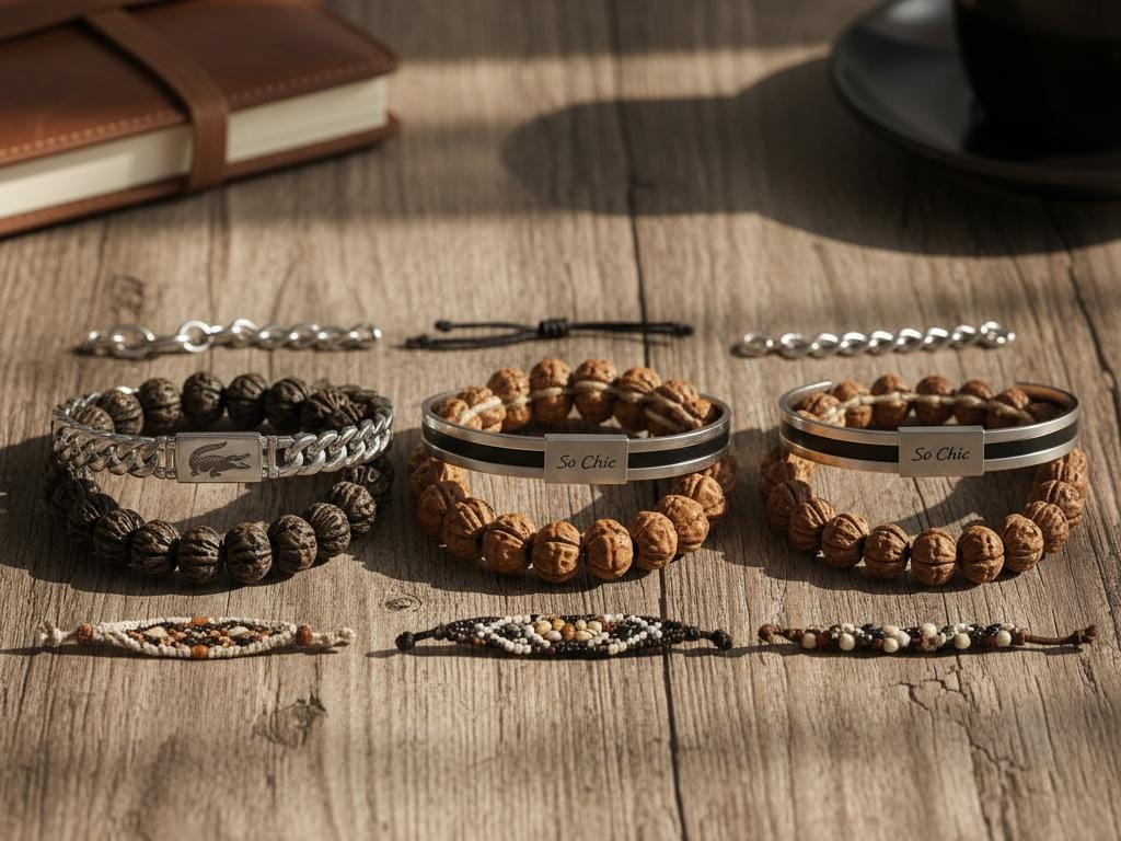 Flat lay photo of men's bracelets featuring luxury branded La Coste and So Chic alongside artisanal natural seed bracelets on a wooden surface with soft natural light.
