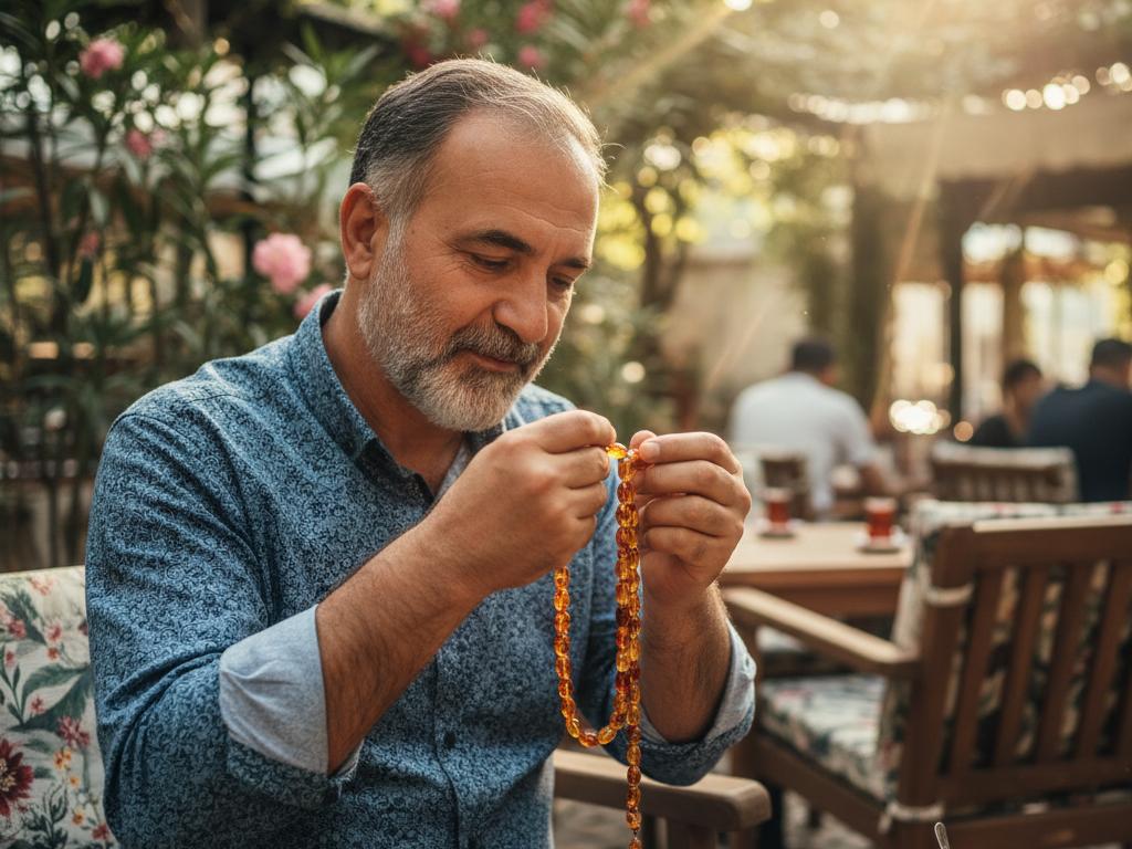 Orta yaşlı Türk adam, geleneksel çay bahçesinde doğal ışık altında damla tesbih boncuklarını inceliyor, çevresi ağaçlı huzurlu bir ortam, tesbihin saydam ve renkli detayları görünür.