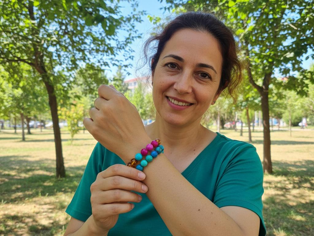 Middle-aged Turkish woman in a sunny park putting on a colorful elastic beaded bracelet, illustrating ease and versatility.