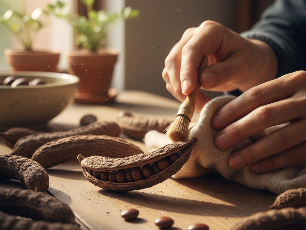 Close-up of hands cleaning and preparing acacia seed pods for tesbih making on a wooden table with natural light.