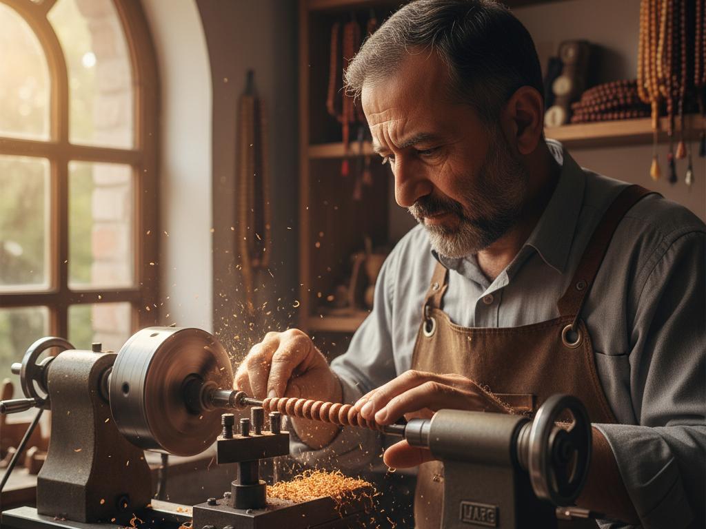 A middle-aged Turkish craftsman using a small precision lathe machine to shape wooden tesbih beads in a traditional workshop bathed in natural daylight.