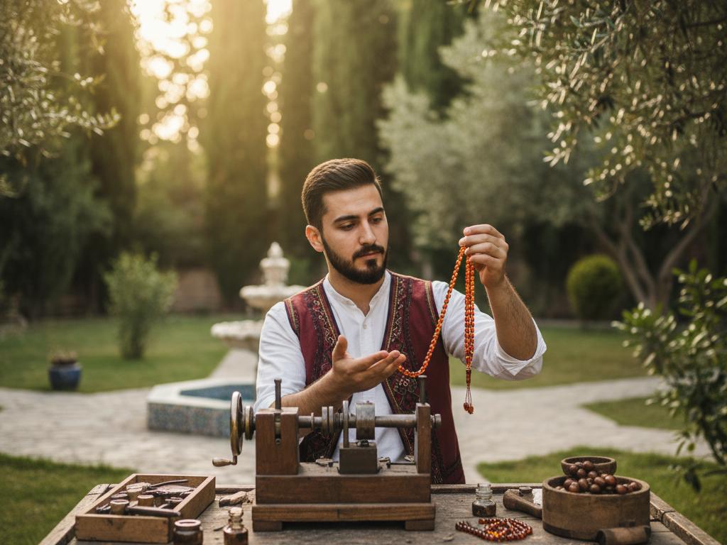 A young artisan examining polished tesbih beads beside a small tesbih lathe machine outdoors in a sunlit Turkish garden setting.