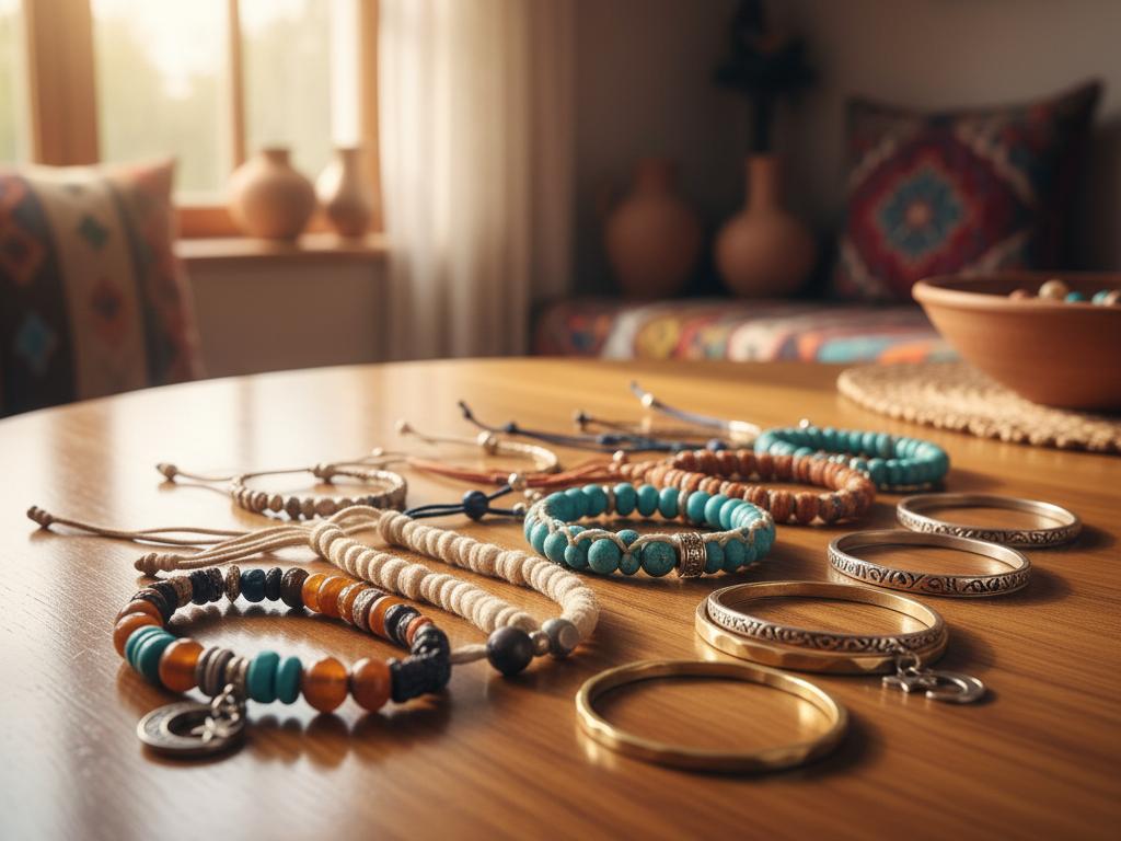 Close-up of various stylish bracelets including natural stone, leather, and metal designs arranged on a wooden surface in warm natural light inside a contemporary Turkish home.