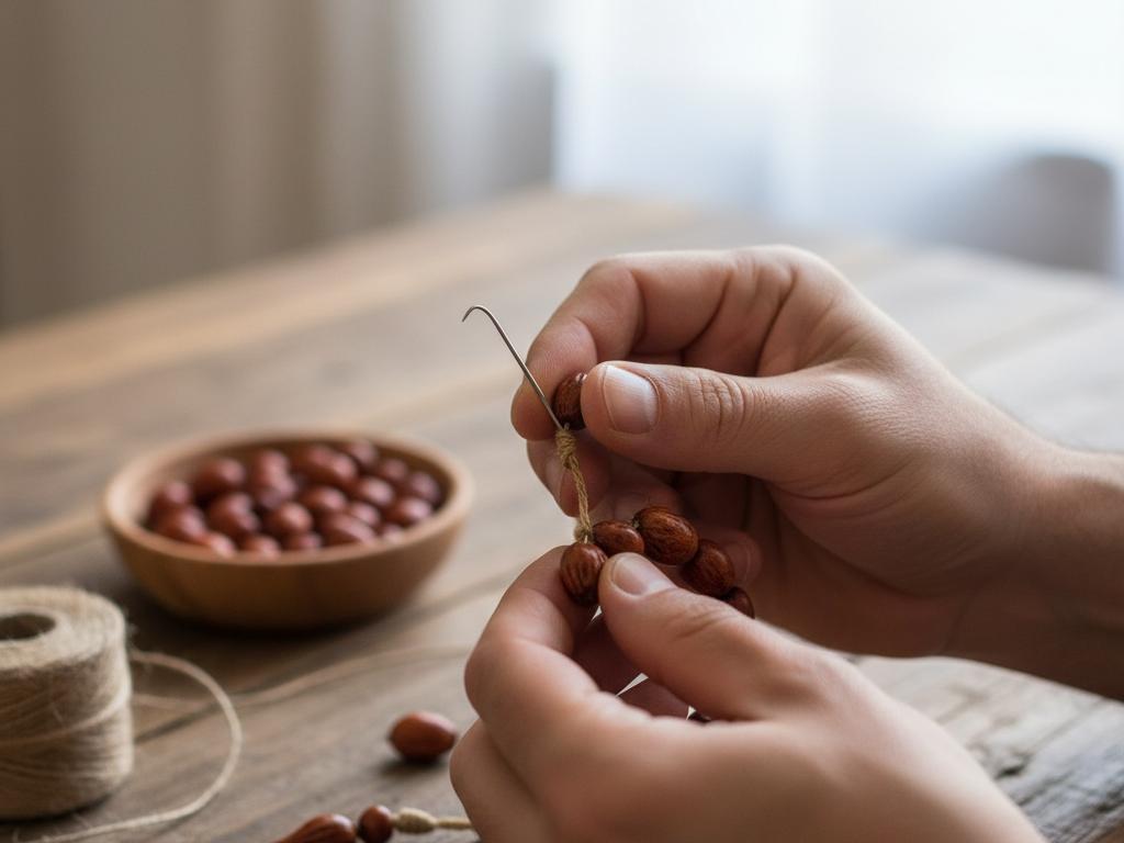 Close-up photorealistic image of hands making a tesbih or bracelet from polished İğde tree seeds on a wooden table with warm natural light.