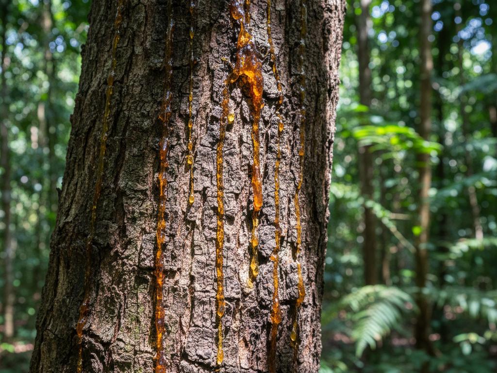 Close-up image of pelesenk resin oozing from the trunk of a Copaifera tree in the Amazon rainforest under natural sunlight.