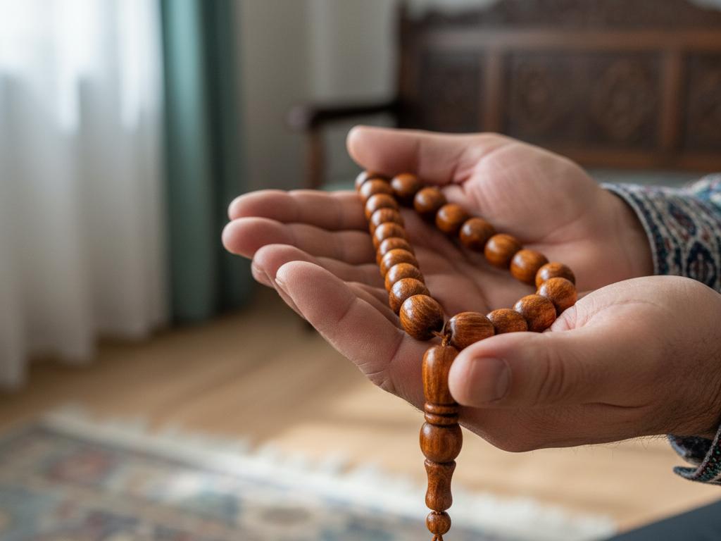 Close-up photo of a middle-aged Turkish man holding a glossy handmade kuka tesbih with warm brown wooden beads inside a softly lit traditional Turkish room.