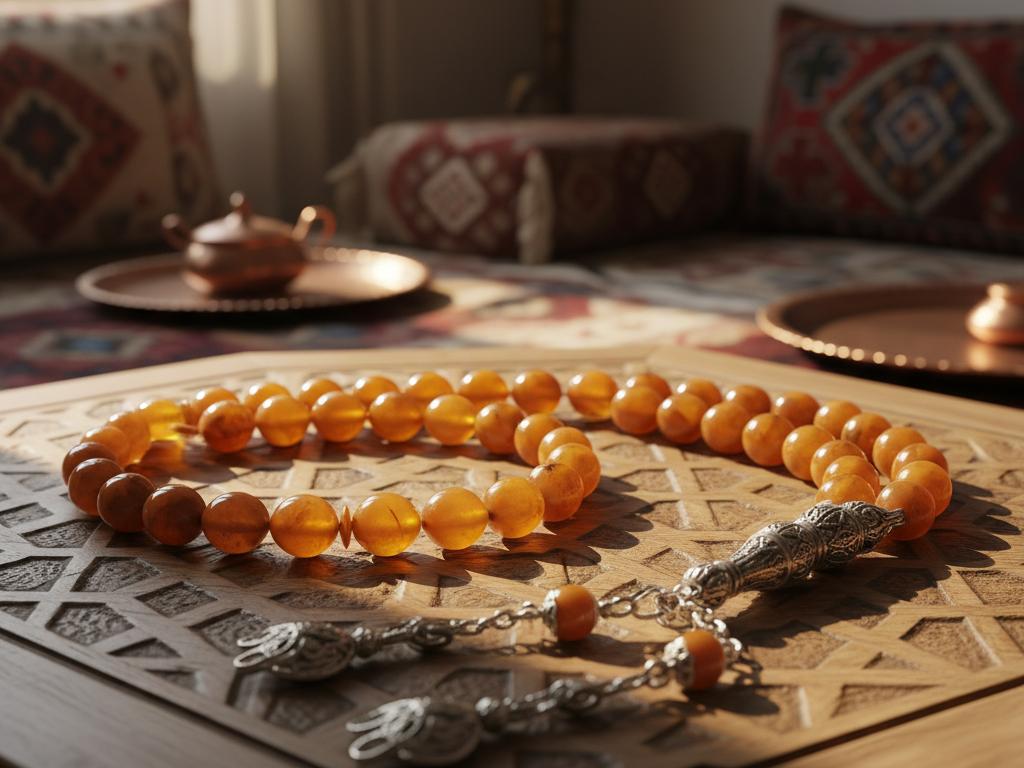 A detailed close-up photo of a 33-bead and 99-bead traditional Turkish tesbih on a wooden table in warm natural light, highlighting their texture and craftsmanship in a culturally rich indoor setting.