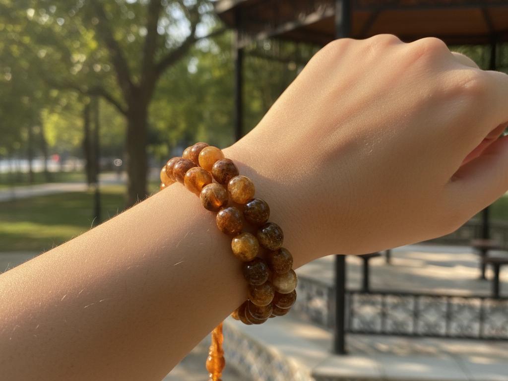 Close-up photorealistic image of a wrist adorned with a stylish bracelet made from natural stone tesbih beads, set against a softly blurred green park background in Turkey under warm sunlight.