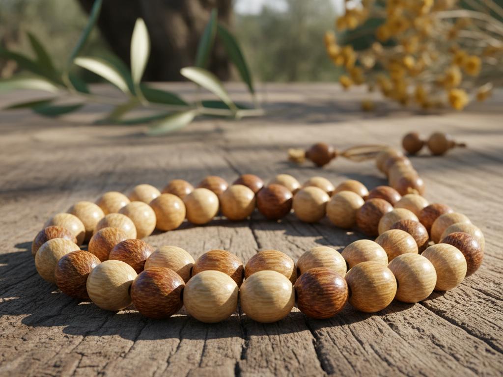 Close-up photo of a natural andız tesbih with detailed wood grain and warm colors resting on a wooden table, showcasing its smooth texture and traditional craftsmanship.
