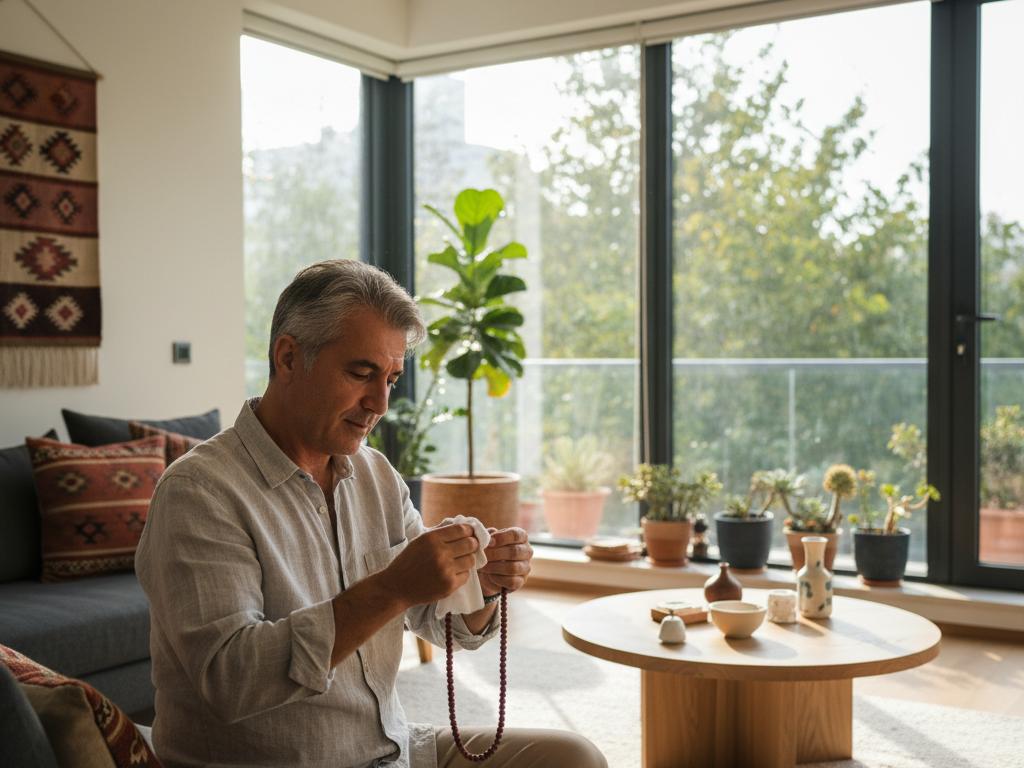 A Turkish middle-aged man lovingly wiping an andız tesbih with a soft cloth in a sunlit room with natural decor, highlighting the traditional care process for the prayer beads.